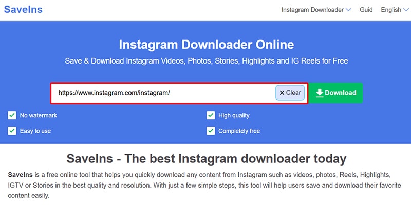 paste url into saveins.app